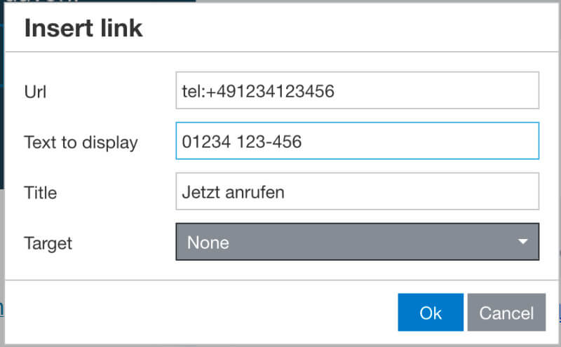 Screenshot der Eingabemaske für die Verlinkung einer Telefonnummer im Text-Editor in Divi