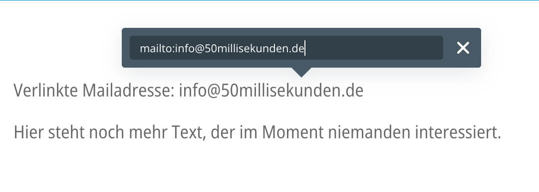 Screenshot der direkten Textbearbeitung im Visuellen Builder in Divi zur Eingabe "Link einfügen" mit mailto-Link