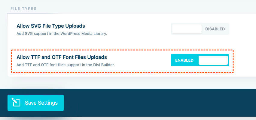 Screenshot aus der Divi-Toolbox zum Freigeben des Uploads von Schrift-Dateien
