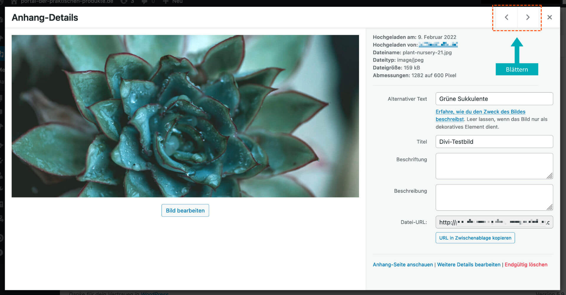 Screenshot der Ansicht der Anhang-Details in der WordPress Mediathek mit Hervorhebung der Blätter-Funktion