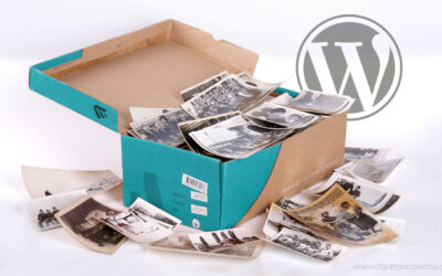 Ein Schuhkarton mit alten Bildern drin, im Hintergrund das WordPress-Logo